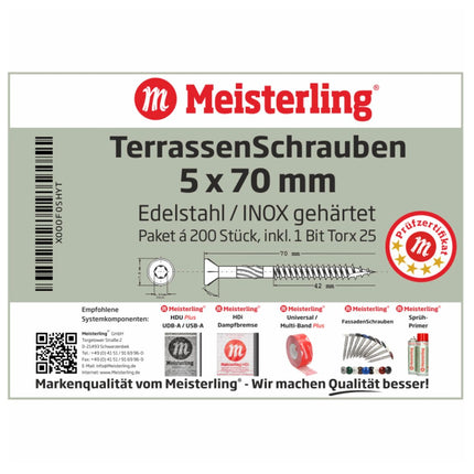 Meisterling Terrassenschrauben 5x70 mm 1000 Stück ( 5x 010010000031 ) CUT Spitze 90° Linsen Senkkopf mit Torx 2/3 Grobgewinde VA Edelstahl