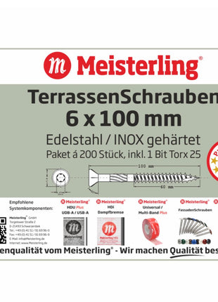 Meisterling Terrassenschrauben 6x100 mm 1000 Stück ( 5x 010010000051 ) CUT Spitze 90° Linsen Senkkopf mit Torx 2/3 Grobgewinde VA Edelstahl