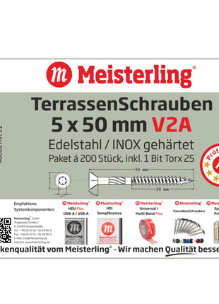 Meisterling Terrassenschrauben 5x50 mm 1200 Stück ( 6x 010010000201 ) CUT Spitze 90° Linsen Senkkopf mit Torx 2/3 Grobgewinde V2A Edelstahl