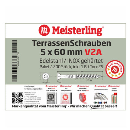 Meisterling Terrassenschrauben 5x60 mm 1200 Stück ( 6x 010010000211 ) CUT Spitze 90° Linsen Senkkopf mit Torx 2/3 Grobgewinde V2A Edelstahl