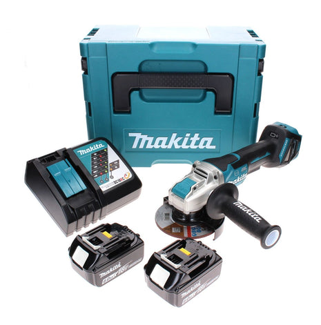 Amoladora angular a batería Makita DGA 519 RGJ 18 V 125 mm sin escobillas X-Lock + 2x batería 6,0 Ah + cargador + Makpac