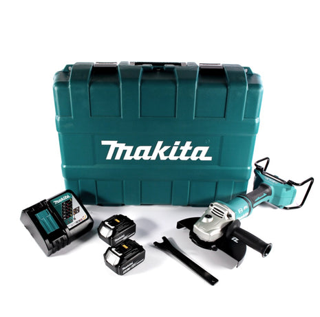 Amoladora angular a batería Makita DGA 900 RTK 36 V (2x 18 V) 230 mm sin escobillas + 2x batería 5,0 Ah + cargador + maletín