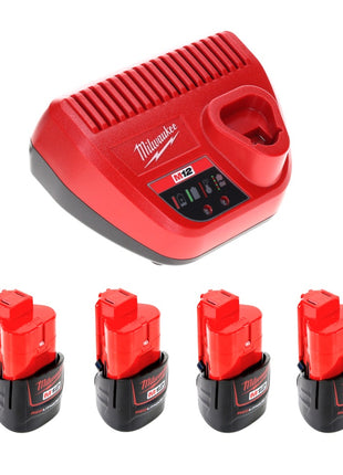 Kit de inicio de batería Milwaukee de 12 V con 4 baterías de 1,5 Ah + cargador M12 C12C