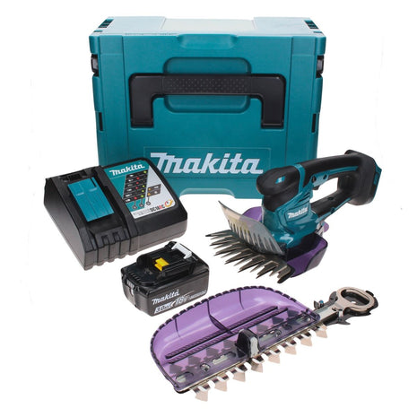 Tijeras para césped a batería Makita DUM 604 RF1XJ 18 V con cuchilla para cortacésped y arbustos + 1x batería 3,0 Ah + cargador + Makpac