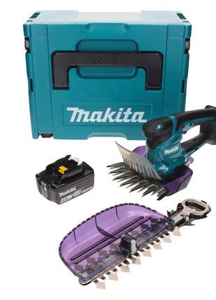 Tijeras para césped a batería Makita DUM 604 M1XJ 18 V con cuchilla para cortacésped y arbustos + 1x batería 4,0 Ah + Makpac - sin cargador