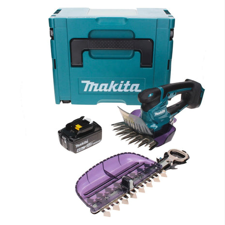 Tijeras para césped a batería Makita DUM 604 M1XJ 18 V con cuchilla para cortacésped y arbustos + 1x batería 4,0 Ah + Makpac - sin cargador