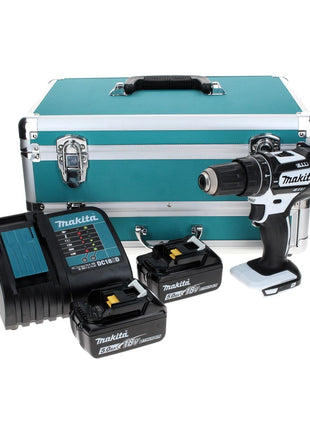 Makita DHP 482 STTX W Akku Schlagbohrschrauber 18 V 62 Nm Weiß + 2x Akku 5,0 Ah + Ladegerät + 70 tlg. Bit Bohrer Set + TX Alu Koffer