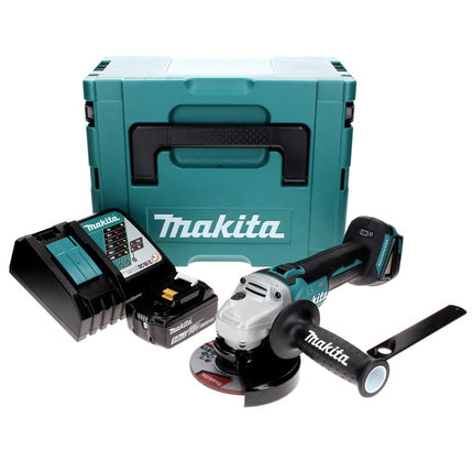 Makita DGA 506 RT1J Smerigliatrice angolare a batteria 18V 125mm Brushless + 1x Batteria 5,0Ah + Caricabatterie + Valigetta Makpac
