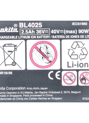 Akumulator Makita BL 4025 40 V maks. 2,5 Ah XGT Li-Ion ( 191B36-3 ) Stopień ochrony IP64 z wyświetlaczem LED