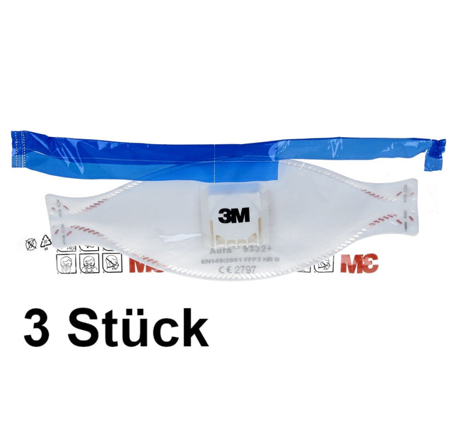3M FFP3 Aura 9332+ Mascherina respiratoria con valvola 3 pz. EN149:2001 FFP3 NR D - per materiali isolanti e legno duro