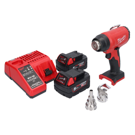 Milwaukee M18 BHG-502 akumulatorowy pistolet na gorące powietrze 18 V 470 °C + 2x akumulator 5,0 Ah + ładowarka