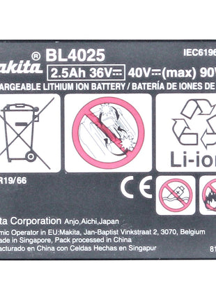 Makita BL 4025 Set de batteries 40 V 2,5 Ah XGT Li-Ion batterie Classe de protection IP64 avec affichage LED (2x 191B36-3)