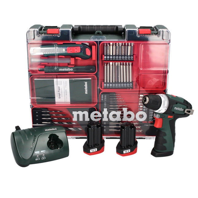 Metabo Power Maxx BS Trapano avvitatore a batteria 10,8 V 34 Nm in valigetta da trasporto + 2x Batterie 2,0Ah + Caricabatterie + Set di punte da foratura 64 ( 600080880 )