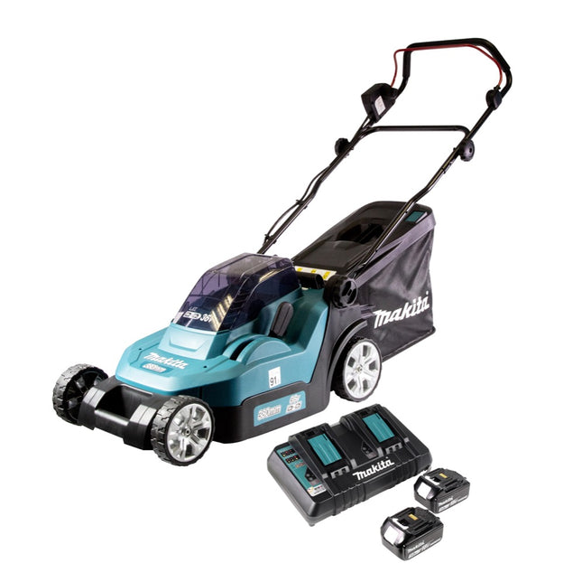 Makita DLM 432 PF2 36 V ( 2x 18 V ) tosaerba a batteria da 43 cm senza spazzole + 2x batteria da 3,0 Ah + doppio caricabatterie