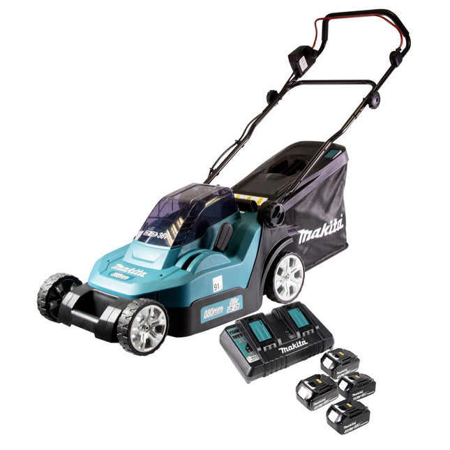 Makita DLM 432 PF4 36 V ( 2x 18 V ) tosaerba a batteria da 43 cm senza spazzole + 4x batteria da 3,0 Ah + doppio caricabatterie