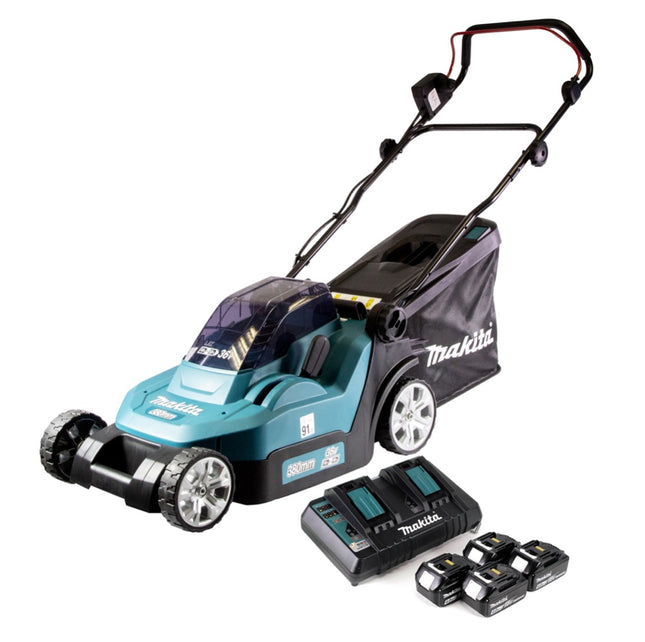 Rasaerba a batteria senza spazzole Makita DLM 432 PM4 36 V (2x 18 V) 43 cm + 4 batterie da 4,0 Ah + caricabatterie doppio