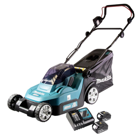 Makita DLM 432 RT2 cordless lawn mower 36 V ( 2x 18 V ) 43 cm brushless + 2x battery 5.0 Ah + charger