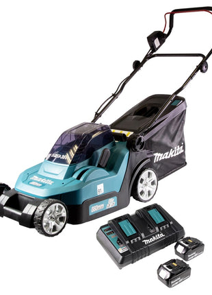 Cortacésped a batería Makita DLM 432 PT2 36 V (2x 18 V) 43 cm sin escobillas + 2x batería 5,0 Ah + cargador doble