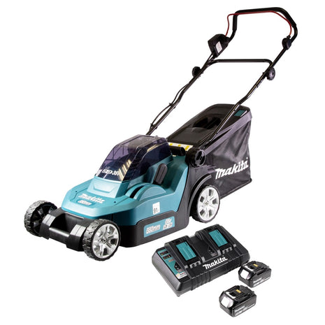 Cortacésped a batería Makita DLM 432 PT2 36 V (2x 18 V) 43 cm sin escobillas + 2x batería 5,0 Ah + cargador doble