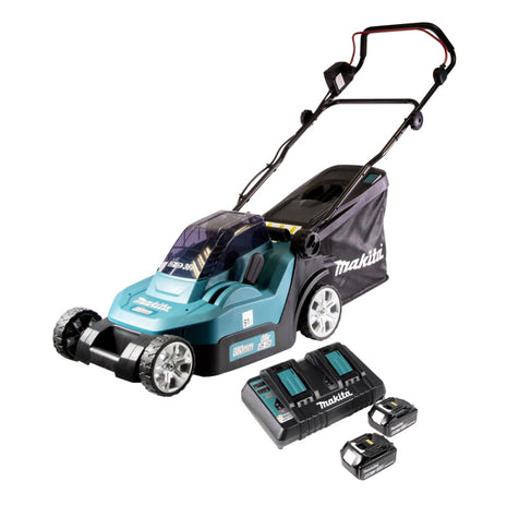 Makita DLM 432 PG2 Tondeuse à gazon sans fil 36 V (2x 18 V) 43 cm brushless + 2x Batteries 6.0 Ah + Chargeur double