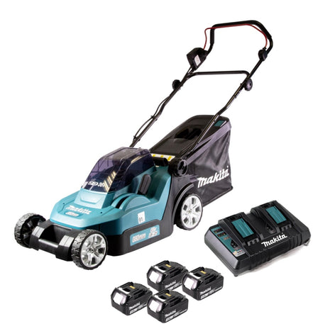 Makita DLM 382 PF4 cordless lawn mower 36 V ( 2x 18 V ) 38 cm 40 l + 4x rechargeable battery 3.0 Ah + double charger