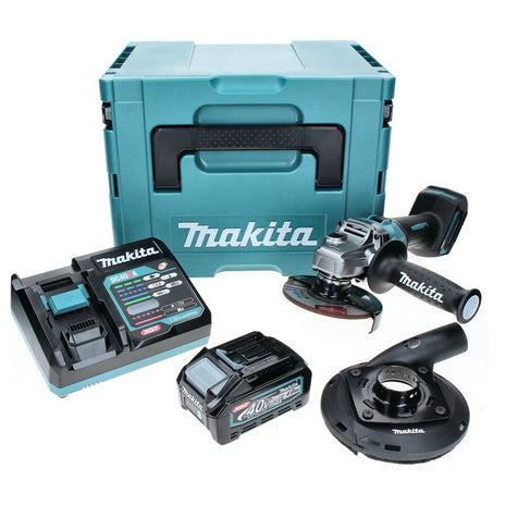 Amoladora angular a batería Makita GA 005 GM101 40 V máx. 125 mm Brushless XGT + 1x batería 4,0 Ah + cargador + campana de aspiración + Makpac