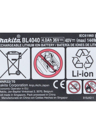 Zestaw akumulatorów Makita 2x BL 4040 40 V maks. 4,0 Ah XGT Li-Ion ( 2x 191B26-6 ) Stopień ochrony IP64 z wyświetlaczem LED