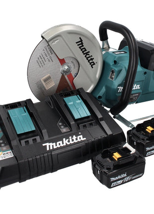 Makita DCE 090 PM2X1 amoladora de corte a batería 36 V (2x 18 V) 230 mm sin escobillas + 2x batería 4,0 Ah + doble cargador