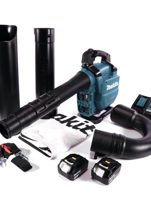 Soplador / aspirador de hojas a batería Makita DUB 363 RT2V 36 V (2x 18 V) sin escobillas + set de aspiración + 2x batería 5,0 Ah + cargador