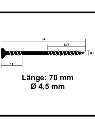 SPAX Vis de façade 4,5 x 70 mm - Acier inoxydable A2 - Filetage de fixation - Tête fraisée bombée - Torx T-STAR Plus T20 CUT 200 pcs. (25470004507022)