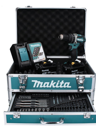 Makita DHP 484 RF2X4 atornillador de impacto a batería 18 V 54 Nm sin escobillas + 2x baterías 3,0 Ah + cargador + juego de brocas de 70 piezas + estuche