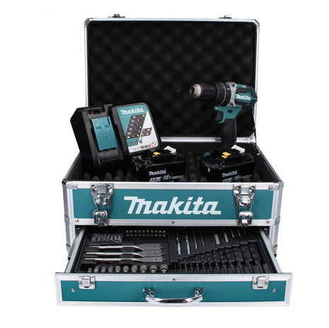 Makita DHP 484 RF2X4 atornillador de impacto a batería 18 V 54 Nm sin escobillas + 2x baterías 3,0 Ah + cargador + juego de brocas de 70 piezas + estuche