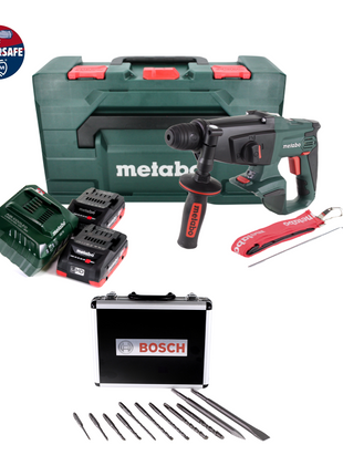 Metabo KHA 18 LTX Perforateur sans fil 18 V 2,2 J SDS Plus + 2x Batteries 4,0 Ah + Chargeur + jeu de perceuses et burins - 11 pièces.Certifié PGM + Coffret metaBOX