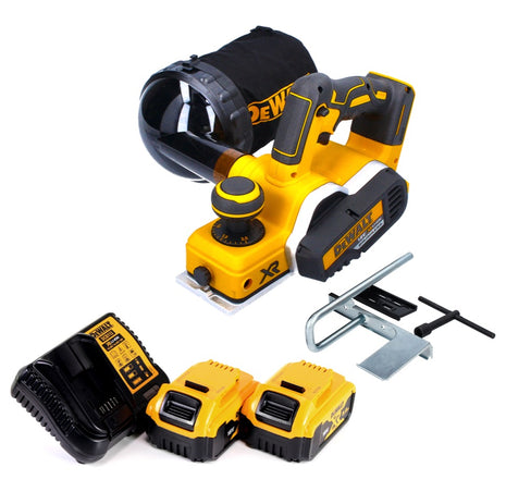 Cepilladora a batería DeWalt DCP 580 P2 18 V 82 mm sin escobillas + bolsa para el polvo DWV 9390 + 2x baterías 5,0 Ah + cargador