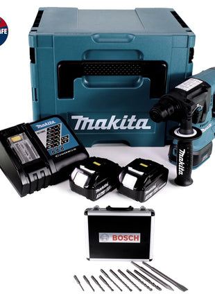 Marteau perforateur sans fil Makita DHR 242 RFJ 18 V 2,0 J SDS-plus sans balais + 2x batteries 3,0 Ah + chargeur + jeu de perceuses et burins 11 pièces certifiés PGM + Makpac.