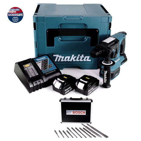 Marteau perforateur sans fil Makita DHR 242 RFJ 18 V 2,0 J SDS-plus sans balais + 2x batteries 3,0 Ah + chargeur + jeu de perceuses et burins 11 pièces certifiés PGM + Makpac.