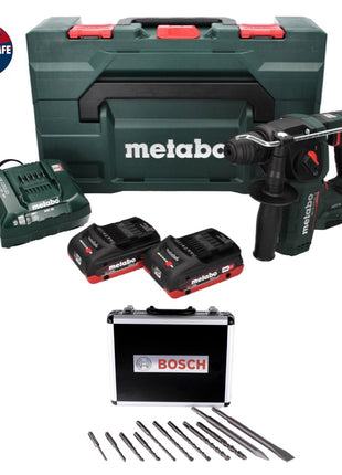 Metabo BH 18 LTX BL 16 Perceuse à percussion sans fil 18 V 1,3 J SDS-plus Brushless + 2x Batteries 4,0 Ah + Chargeur + Jeu de perceuses et burins - 11 pièces, certifié PGM + Coffret MetaBOX