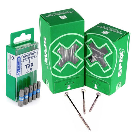 SPAX Set BIT T-STAR plus T30 - 6,4 x 25 mm, 5 Stk. ( 5000009182309 ) + HI.FORCE Tellerkopf Schraube 6,0 x 80 mm 100 Stk. ( 0251010600805 )