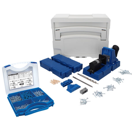 KREG Jig K5 Bohrschablone ( K5-EUR-SYS ) Taschenloch Holzverbindungssystem + Bohrschablone K5 + Sockel + Zubehör + 675 tlg. Schrauben Set + Systainer