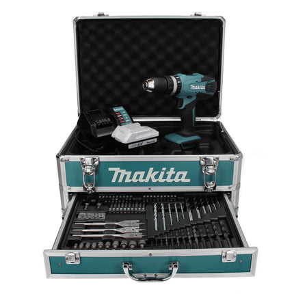 Makita HP 457 DWX4 Trapano avvitatore con percussione a batteria 18V 42Nm Serie G + 1x Batteria 1,5 Ah + Caricabatterie DC 18 WA + Set di punte da 70 pezzi + Valigetta
