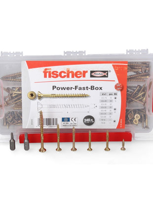 Fischer Power-Fast Box 245 piezas 3,5 - 5 mm (667005) cabeza avellanada con doble rosca Torx, galvanizado, pasivado amarillo