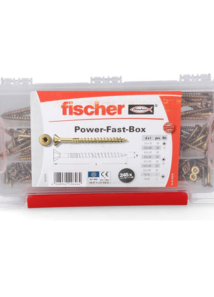 Fischer Power-Fast Box 245 piezas 3,5 - 5 mm (667005) cabeza avellanada con doble rosca Torx, galvanizado, pasivado amarillo