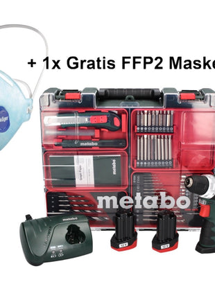 Metabo PowerMaxx BS Basic Set Akku Bohrschrauber 10,8 V 34 Nm ( 600080880 ) + 2x Akku 2,0 Ah + Ladegerät + 64 tlg. Bit Bohrer Set + 1x FFP2 Maske + Koffer