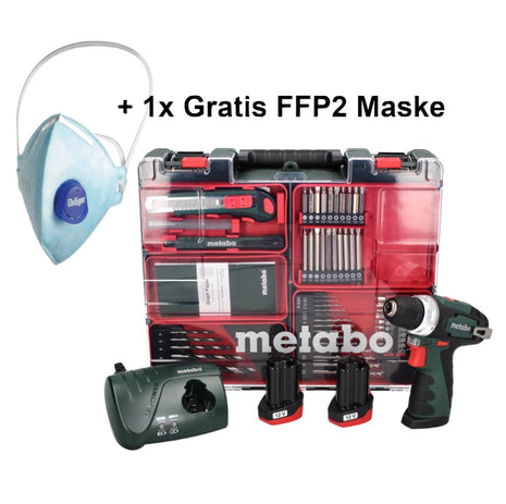 Metabo PowerMaxx BS Basic Set akumulatorowa wiertarko-wkrętarka 10,8 V 34 Nm ( 600080880 ) + 2x akumulator 2,0 Ah + ładowarka + 64-częściowy zestaw wierteł + 1x maska FFP2 + walizka