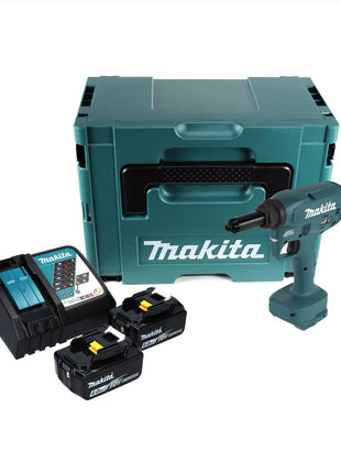 Makita DRV 250 RGJ Akku Blindnietsetzgerät 18 V 20 kN Brushless + 2x Akku 6,0 Ah + Ladegerät + Makpac