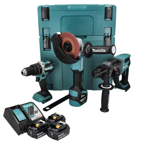 Juego especial de baterías Makita DLX 3093 TJ 18 V con DHP 484 54 Nm + DHR 202 2,0 J + DGA 513 125 mm + 3x baterías 5,0 Ah + cargador + 2x Makpac