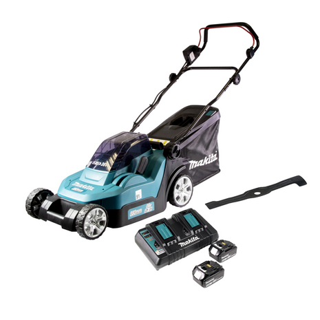 Makita DLM 432 PT2 tondeuse à gazon sans balais 36 V (2x 18 V) 43 cm + 2x batterie 5,0 Ah + double chargeur + 1x lame faucille