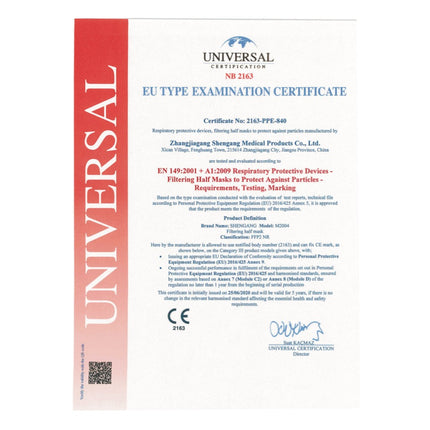 Shengang 100x FFP2 Maschere CE certificate - conforme alle norme di protezione farmaceutiche / 5 strati (ISO9001:2015 / EN149 2001 A1:2009)