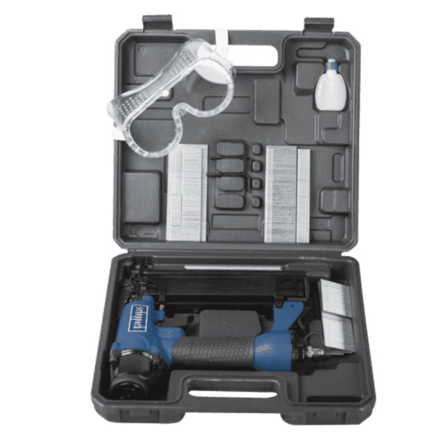 Scheppach Chiodatrice pneumatica 4,7 - 7,5 bar ( 7906100715 ) + Chiodi + Graffette + Occhiali di protezione + Bottiglietta d'olio + Valigetta