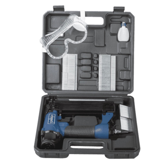 Scheppach Chiodatrice pneumatica 4,7 - 7,5 bar ( 7906100715 ) + Chiodi + Graffette + Occhiali di protezione + Bottiglietta d'olio + Valigetta